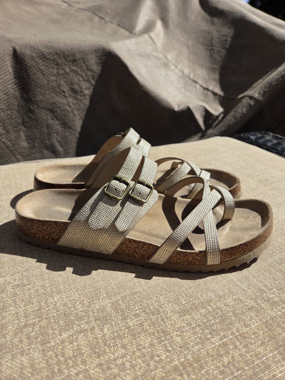 Neutral Beige Strappy Cork Footbed Sandals - Women's